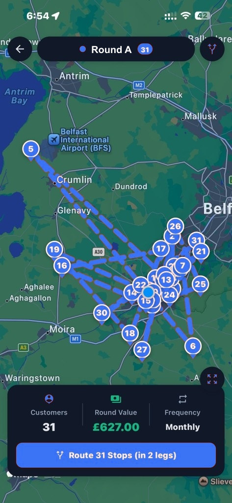 A round of 31 stops sequenced on a map with the total round value